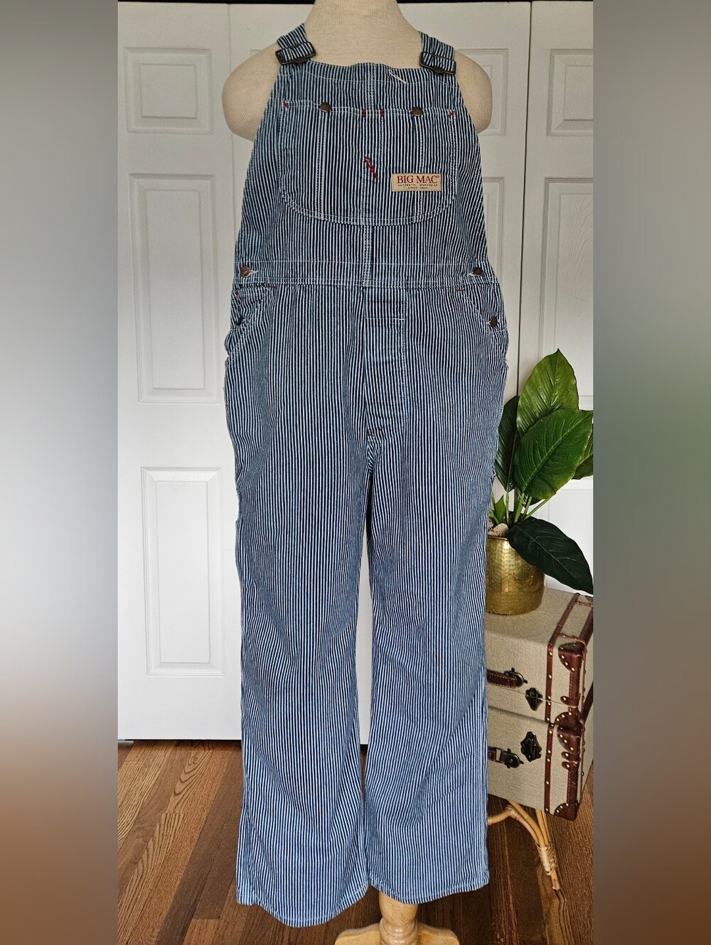 Vintage Big Mac Striped Overall 90s Utility Workwear Denim Bibs Copped 36×30